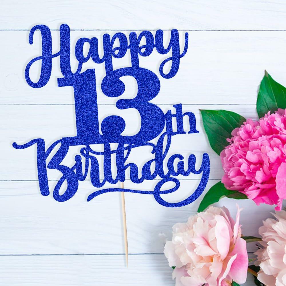 Sleyberoy Happy 16th Birthday Cake Topper Glitter Deep Blue 1 PCS