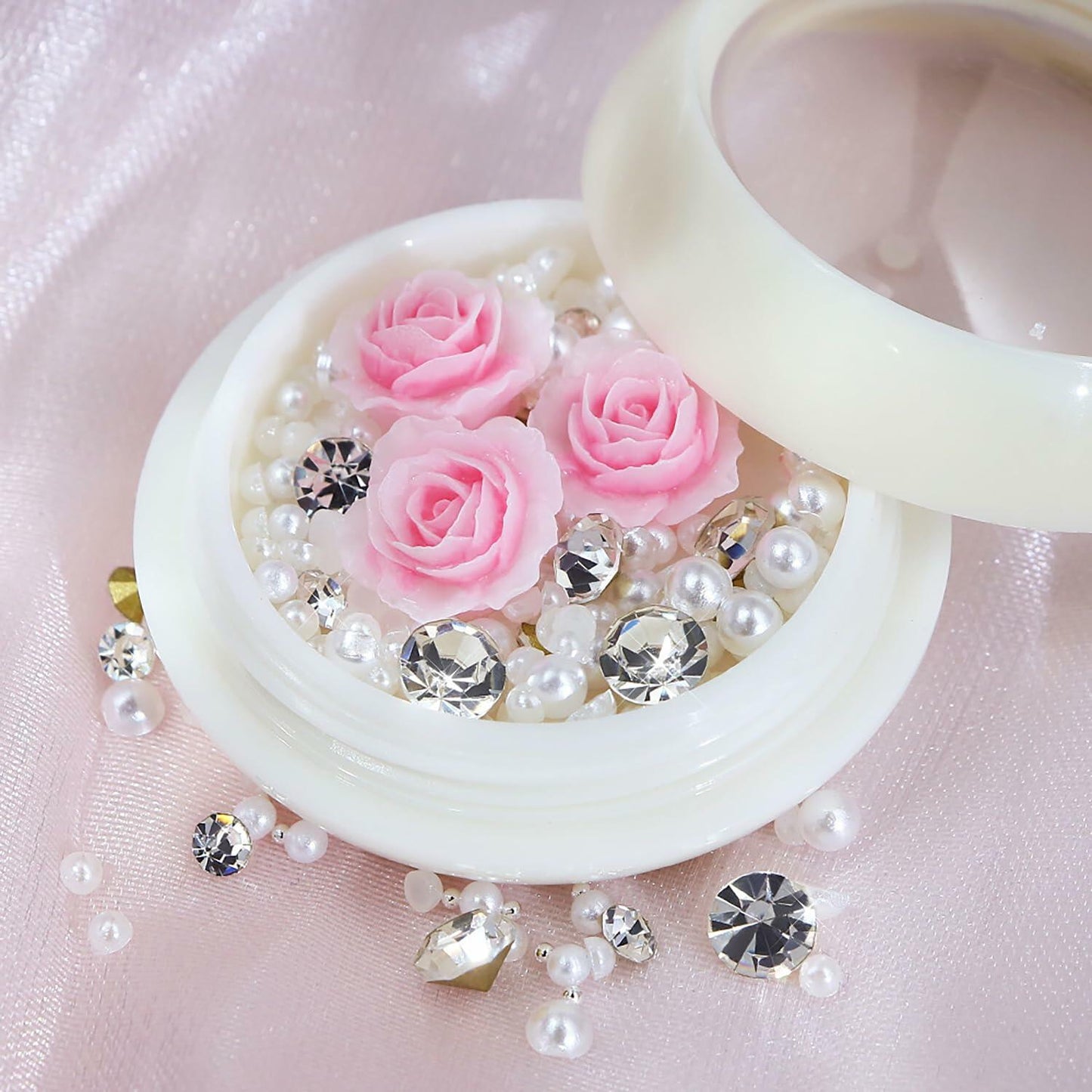 Valentine's Day Pink Flower 3D Nail Art Charms Pearls Rhinestones 1 Box