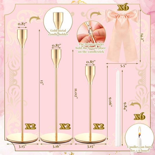 Mumufy 6 Set Gold Metal Taper Candlestick Holders Pink Satin Bow