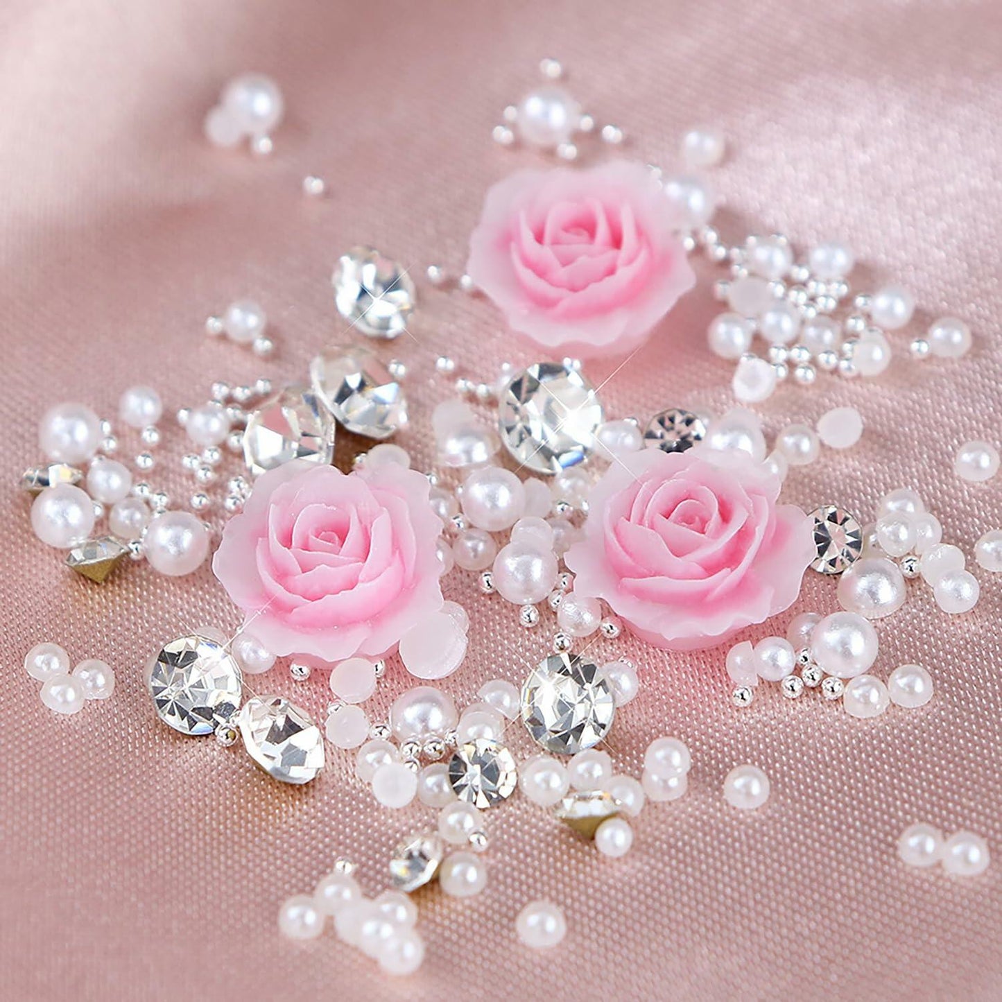 Valentine's Day Pink Flower 3D Nail Art Charms Pearls Rhinestones 1 Box
