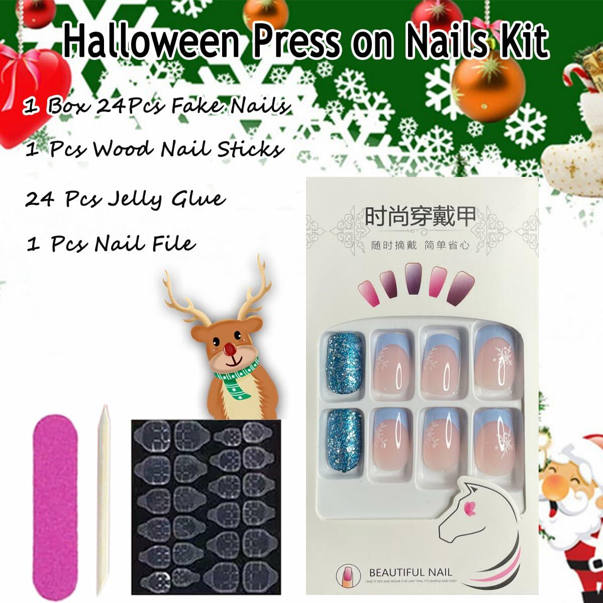 24-Piece Christmas Press On Nails Short Square Elk Snowflake Red Acrylic