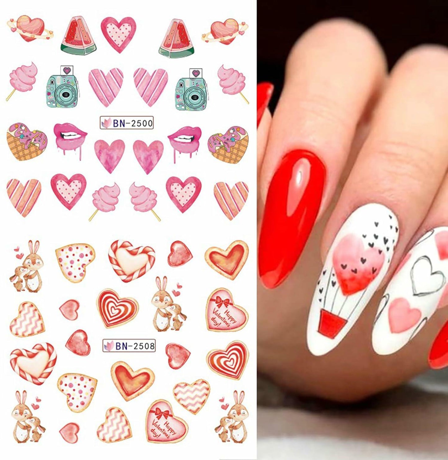 Valentines Day Nail Stickers 12 Sheets Heart Lip Flower Nail Art Pink