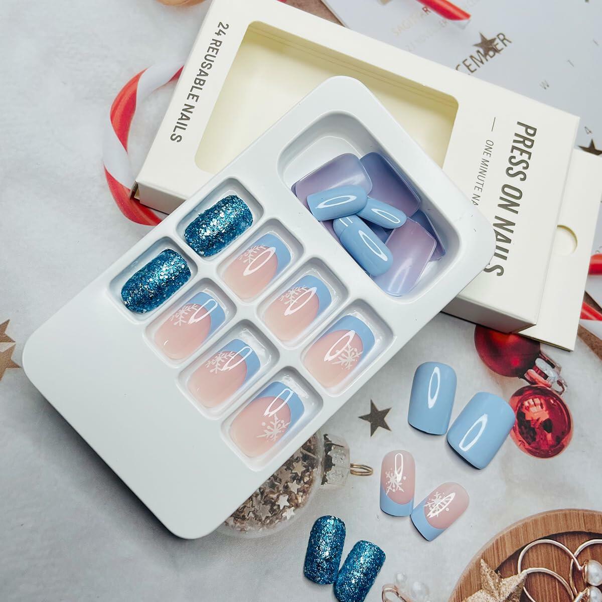 24-Piece Christmas Press On Nails Short Square Elk Snowflake Red Acrylic