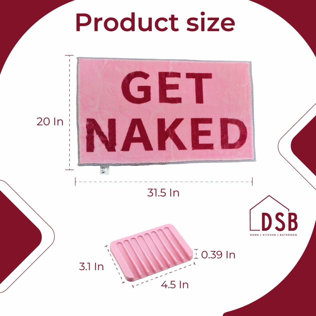 DSB Get Naked Bath Mat 20x32 Pink Rainbow Letters Non Slip Microfiber