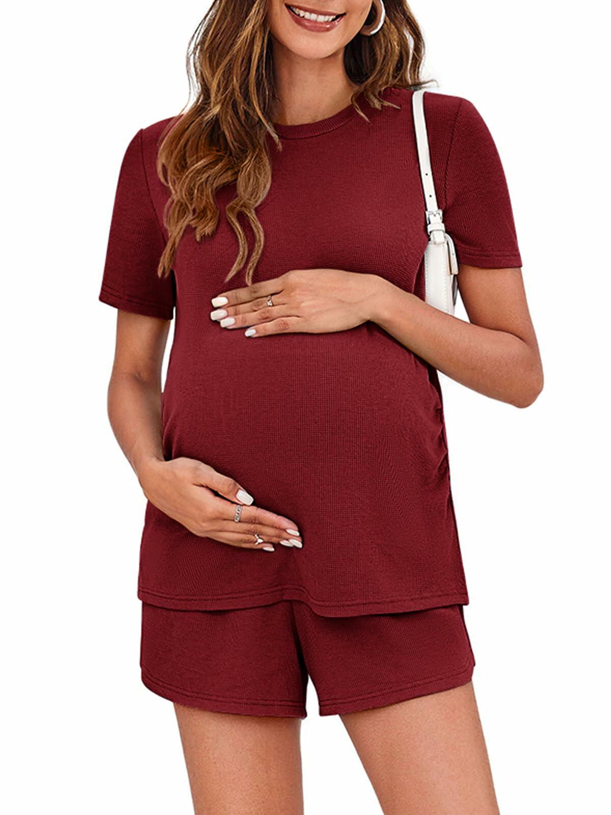 Maternity Two Piece Lounge Set Short Sleeve Top & Shorts Red Wine Size S