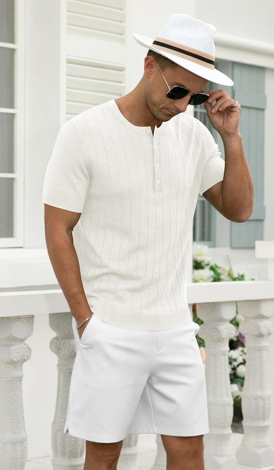 NITAGUT Mens Slim Fit Henley Shirt Short Sleeve Button White Size L