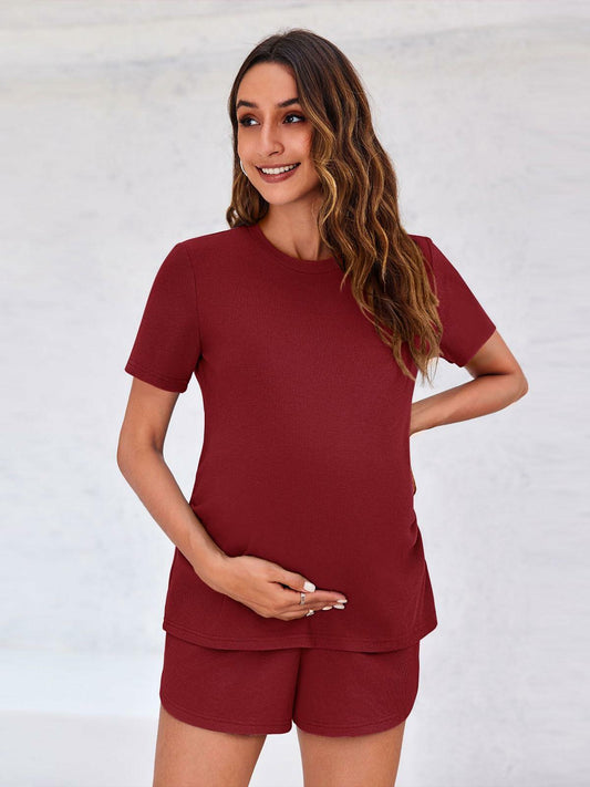 Maternity Two Piece Lounge Set Short Sleeve Top & Shorts Red Wine Size S