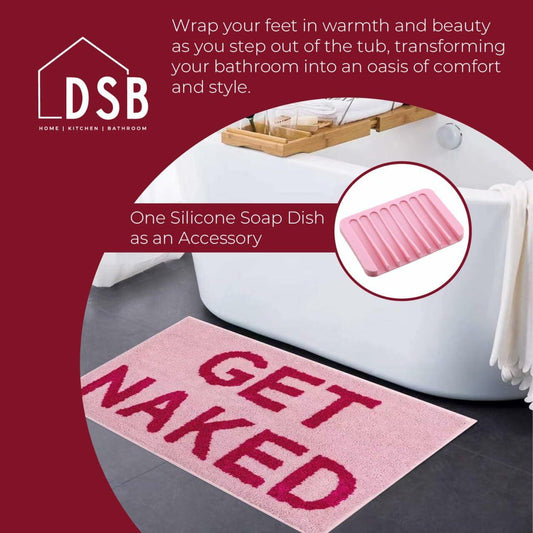 DSB Get Naked Bath Mat 20x32 Pink Rainbow Letters Non Slip Microfiber