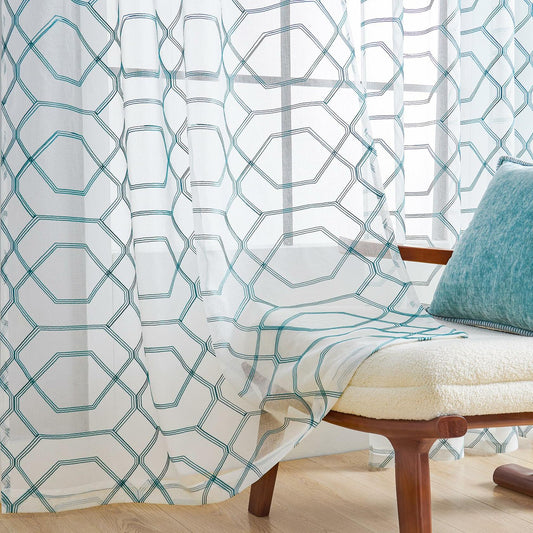 WANSOUL Blue Pattern Sheer Curtains 2 Panels 84in Teal Blue Moroccan Design