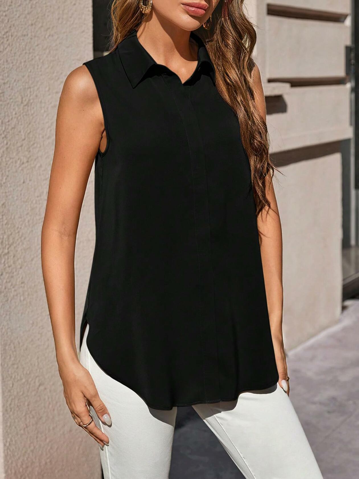 SweatyRocks Women's Dressy Collar Sleeveless Button Down Blouse Black Size S