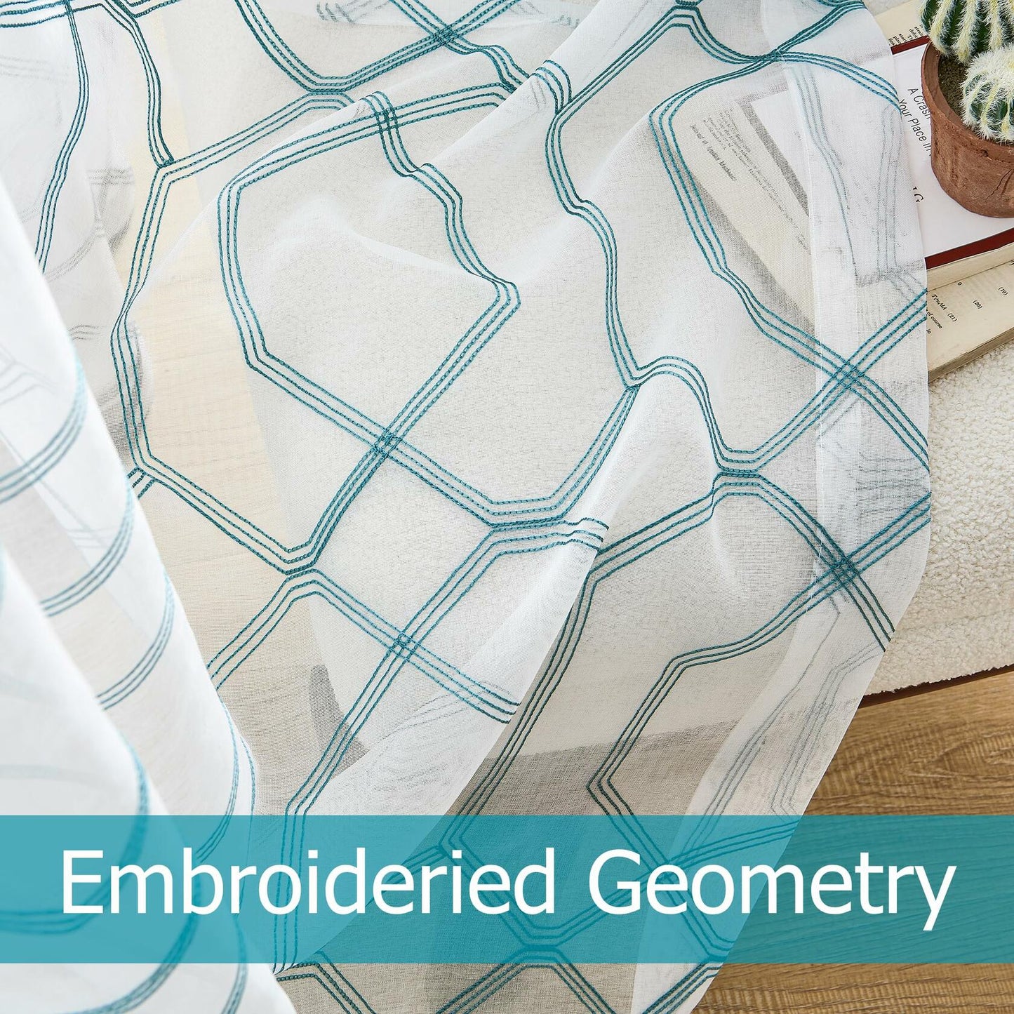 WANSOUL Blue Pattern Sheer Curtains 2 Panels 84in Teal Blue Moroccan Design