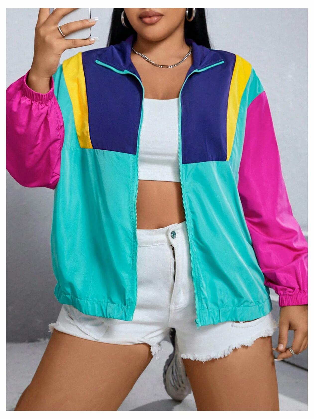 Verdusa Plus Size Windbreaker Jacket Color Hot Pink Mint Green Size 3XL