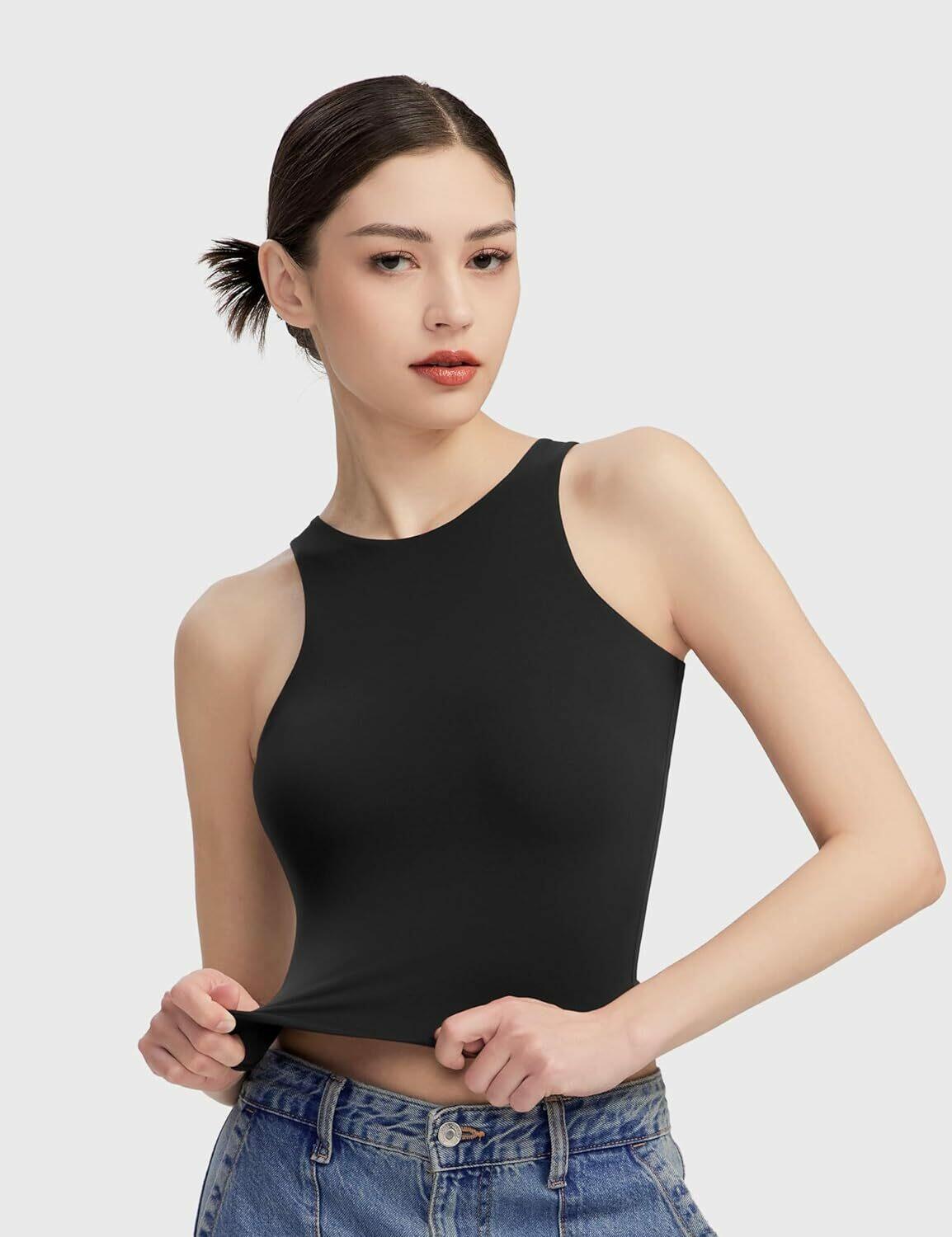 HOCILLE Women's Sexy Racerback Ribbed Crop Tank Top Black Size XS