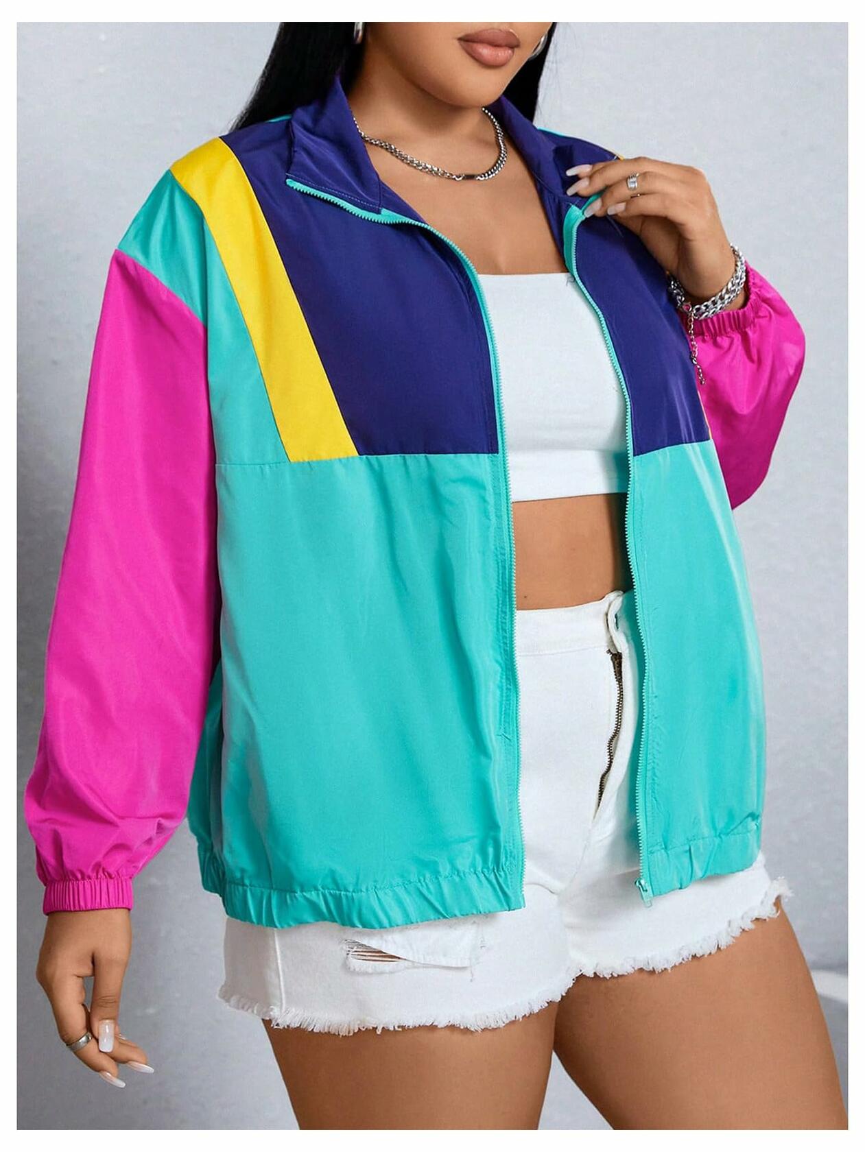 Verdusa Plus Size Windbreaker Jacket Color Hot Pink Mint Green Size 3XL