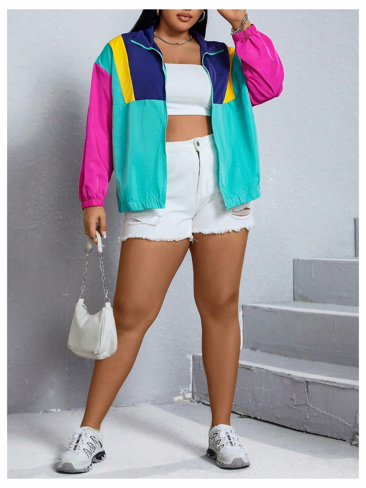Verdusa Plus Size Windbreaker Jacket Color Hot Pink Mint Green Size 3XL