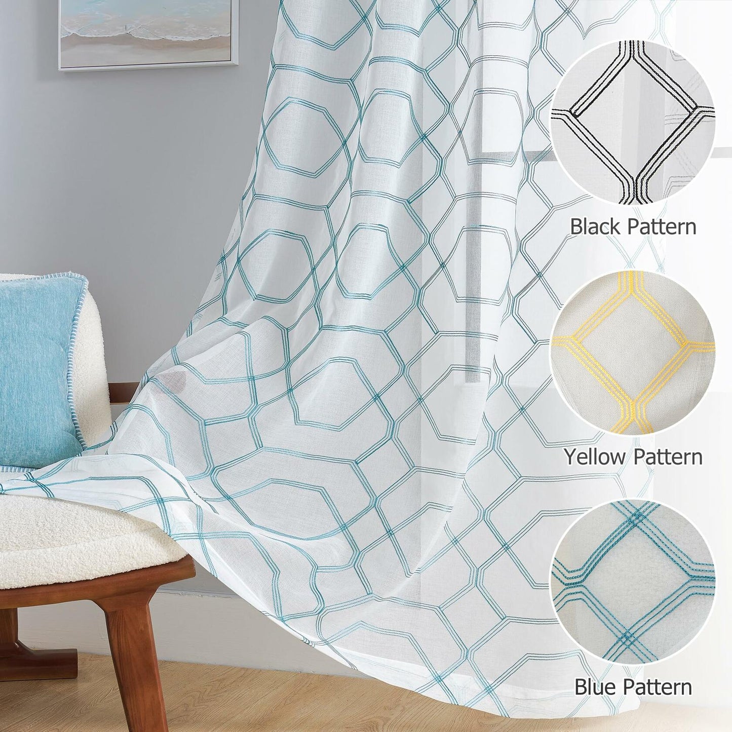 WANSOUL Blue Pattern Sheer Curtains 2 Panels 84in Teal Blue Moroccan Design