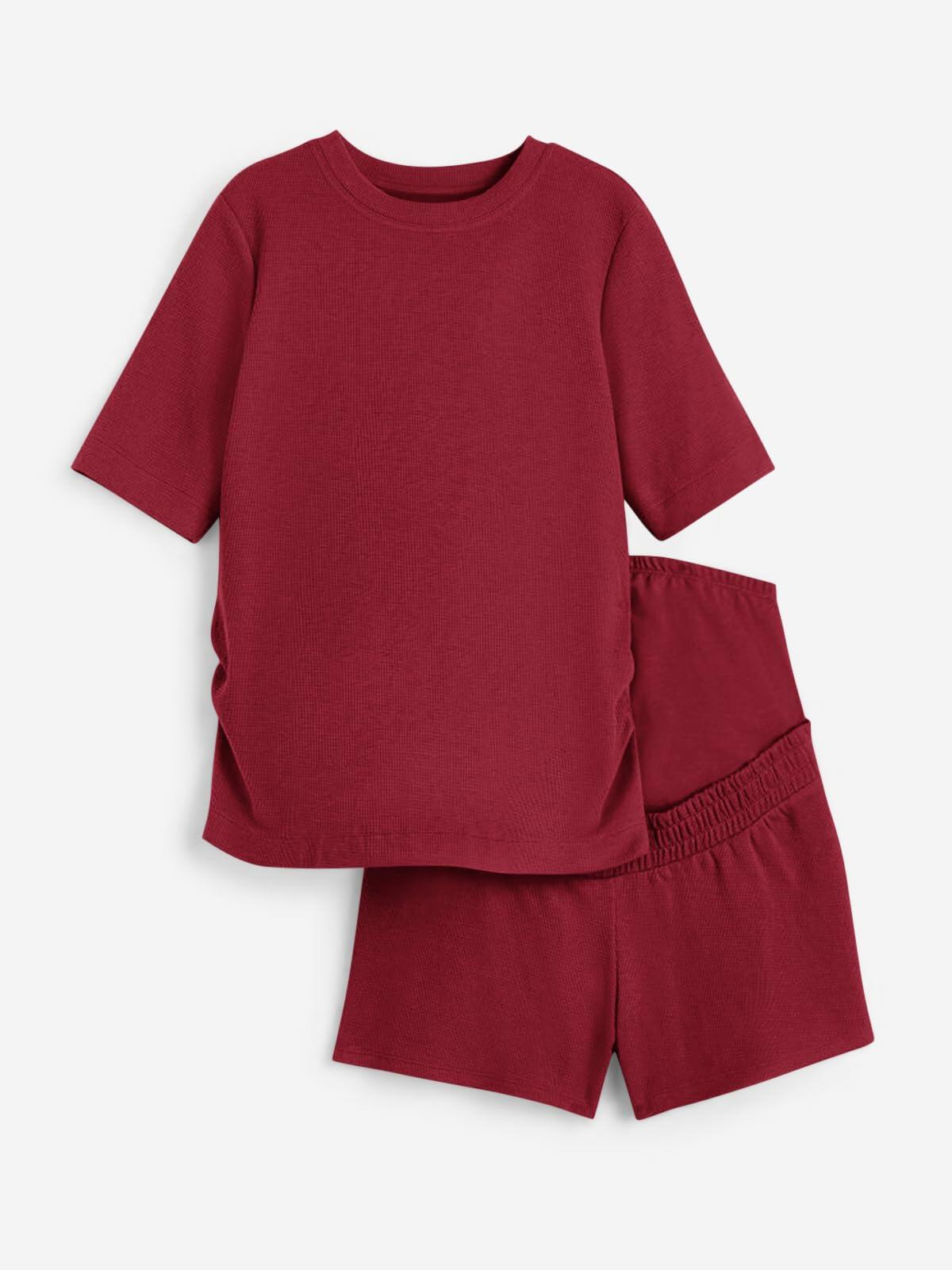 Maternity Two Piece Lounge Set Short Sleeve Top & Shorts Red Wine Size S