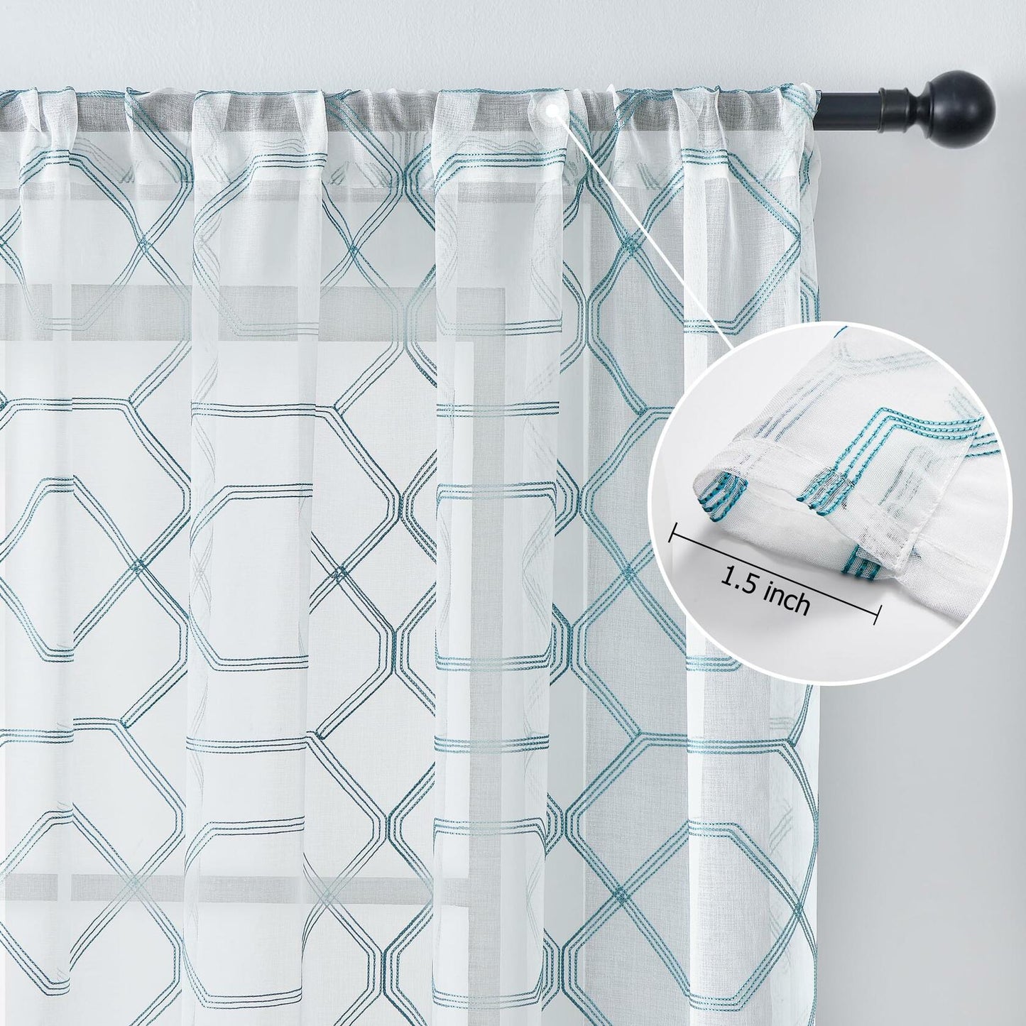 WANSOUL Blue Pattern Sheer Curtains 2 Panels 84in Teal Blue Moroccan Design