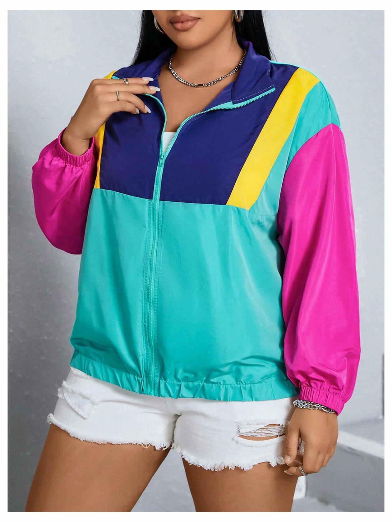 Verdusa Plus Size Windbreaker Jacket Color Hot Pink Mint Green Size 3XL