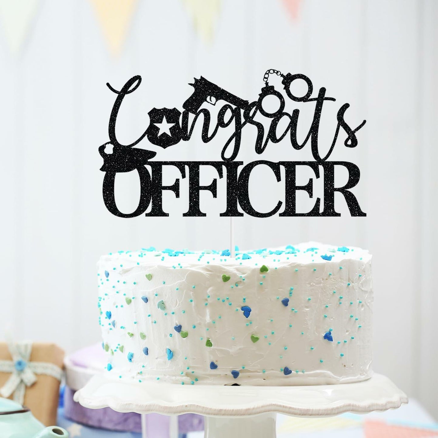 Congrats Officer Cake Topper 2025 Police Graduation Black Glitter