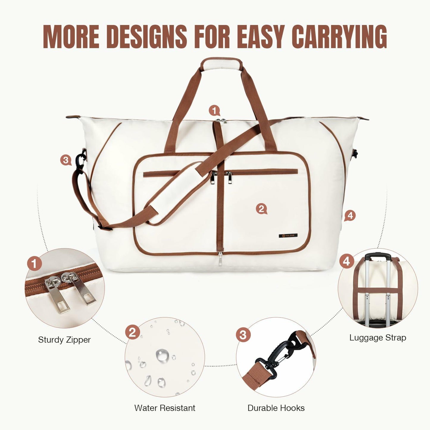 Travel Duffel Bag Women 80L Lightweight Water Resistant Foldable Beige