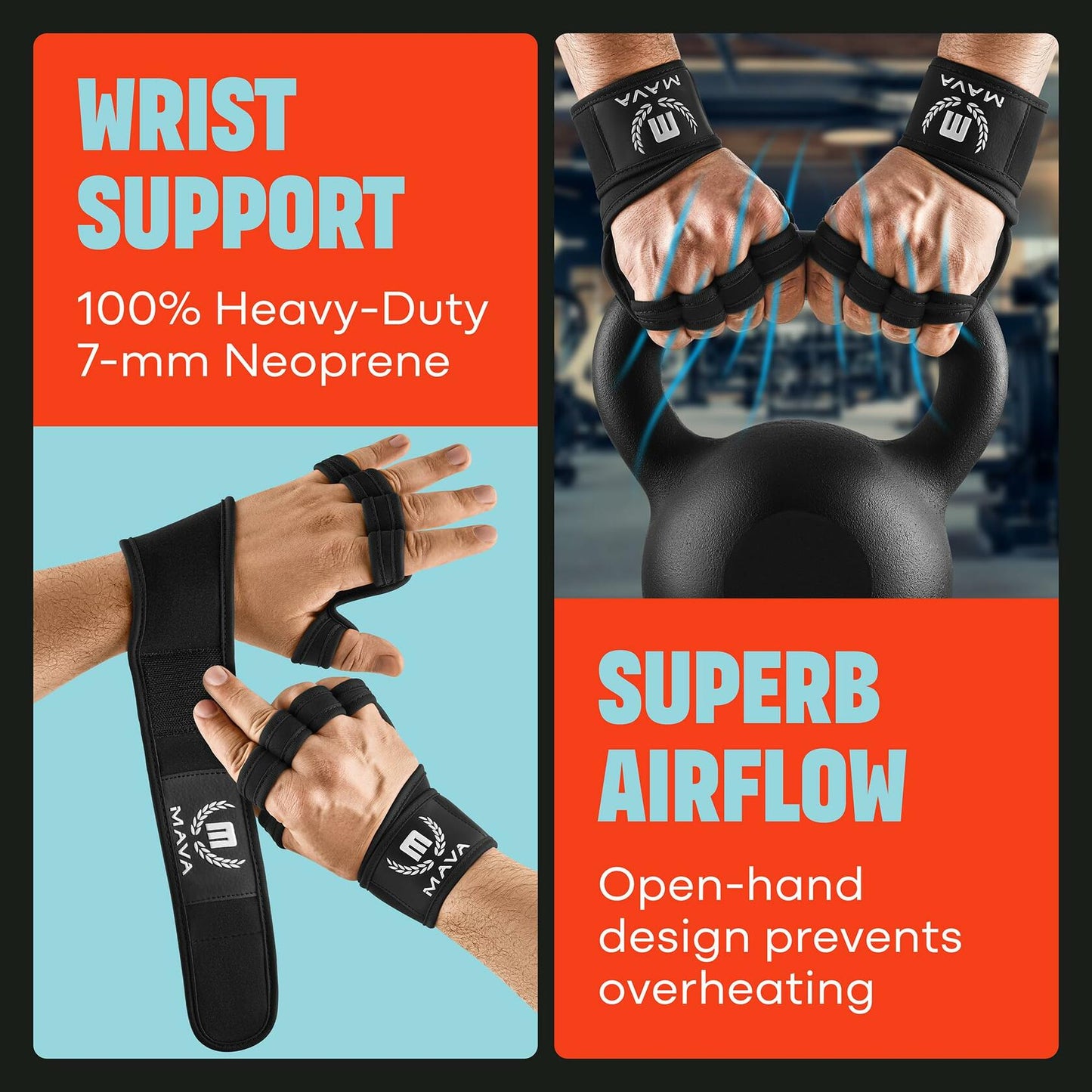 MAVA Padded Weight Lifting Gloves with Wrist Support Fingerless Black