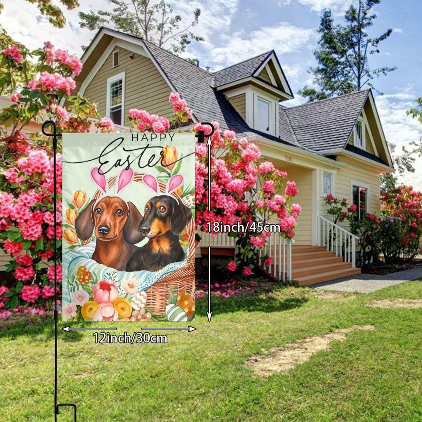 Happy Easter Dachshund Bunny Garden Flag Flower Yard Decor 12x18 Inch