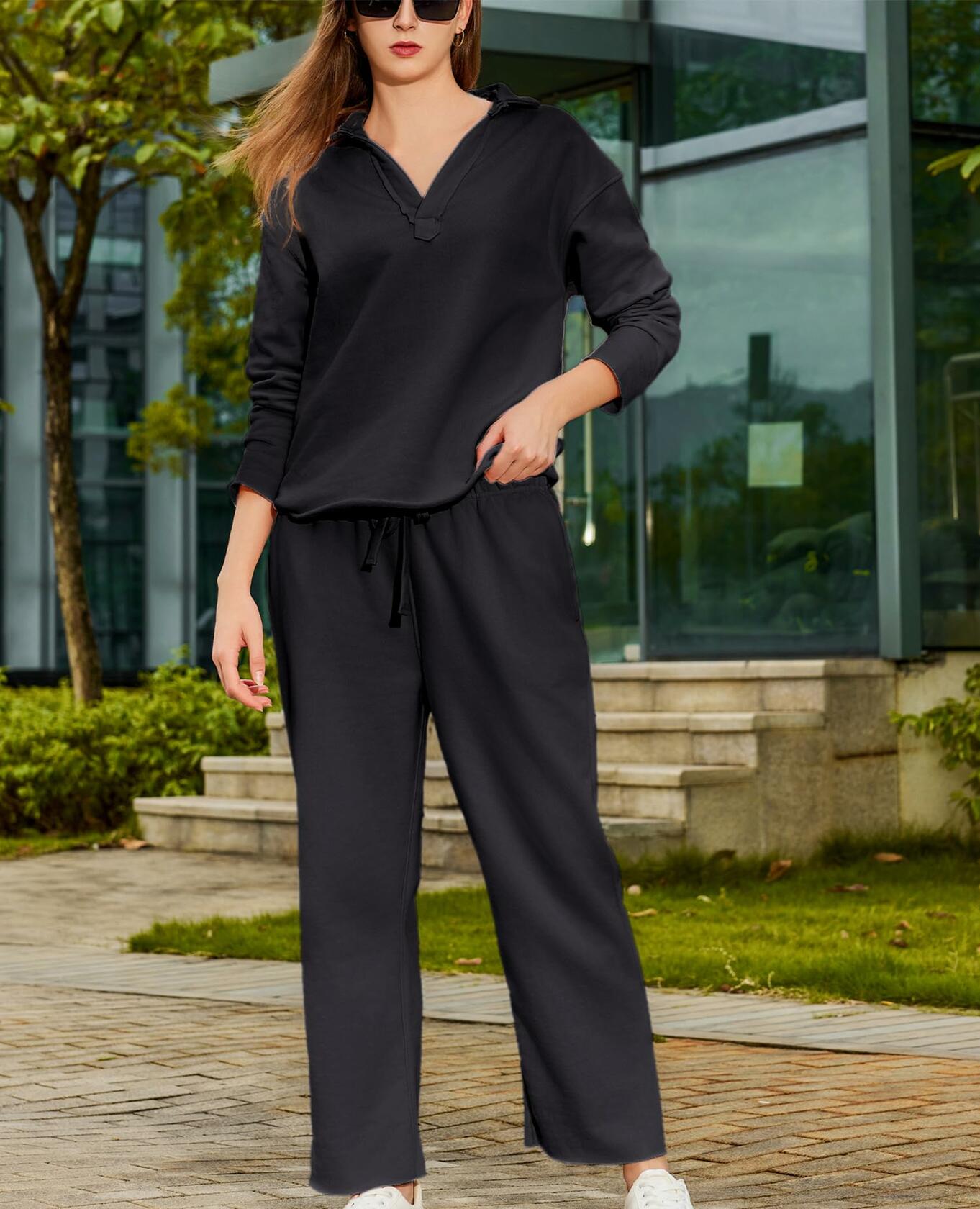 Yioaga Women Tracksuit 2 Piece Set Pullover Sweatshirt Sweatpants Black Size L