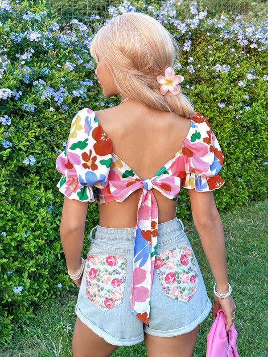 Women's Floral Square Neck Crop Blouse Puff Sleeve Tie Back Multicolor Size L