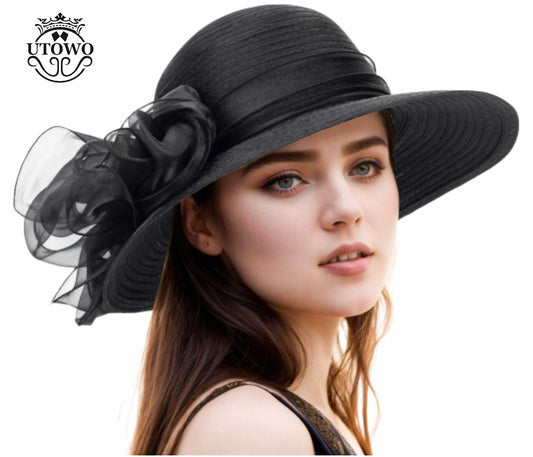 Kentucky Women Organza Sun Hat with Bow Black Wedding Tea Party Fascinator