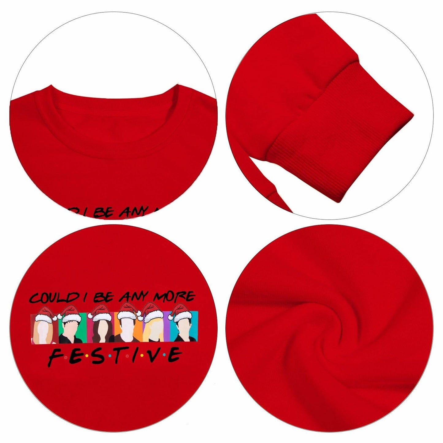 FASHGL Christmas Friends Sweatshirt Women Red Long Sleeve Tee Size L