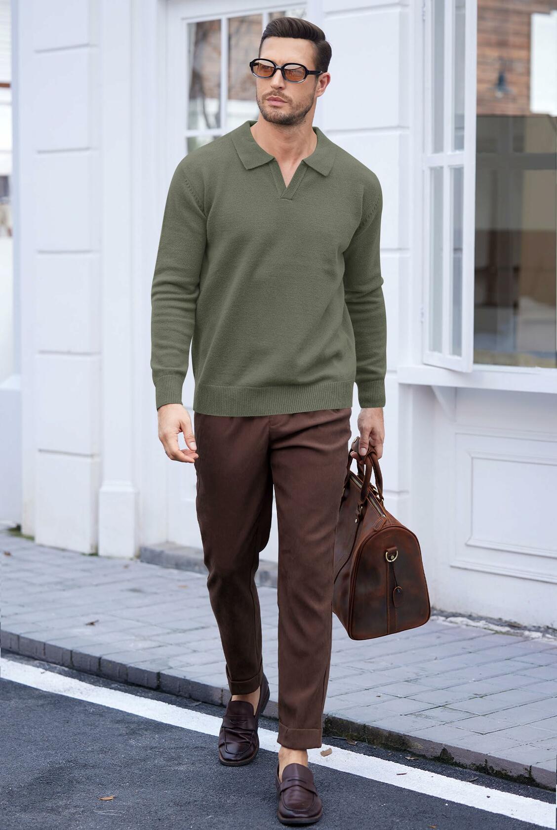 Herberton Men's Polo Sweater Pullover V Neck Long Sleeve Grey Size L