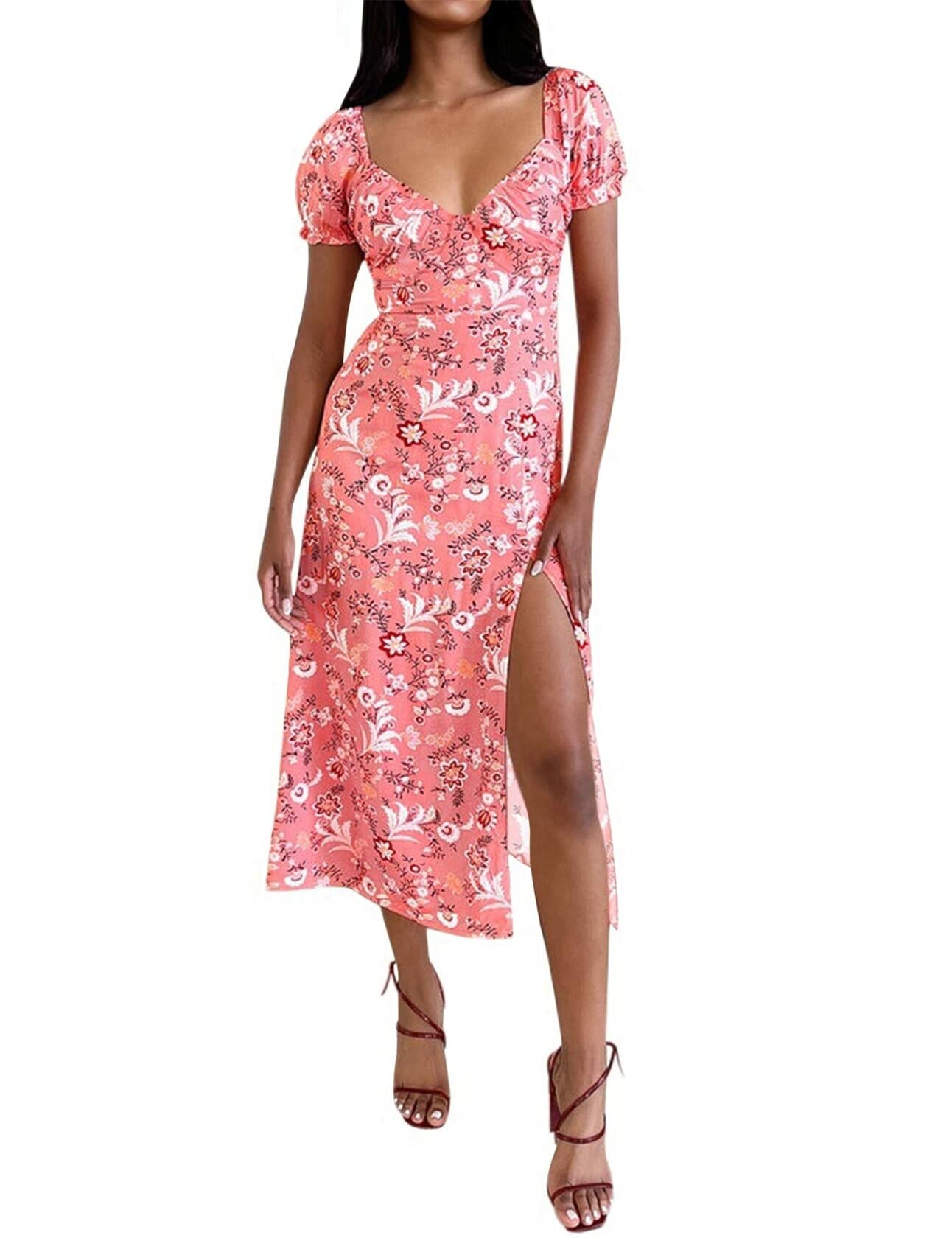 SPRIME Women's Summer Casual V Neck Puff Sleeve Green Flower Midi Dress Size L