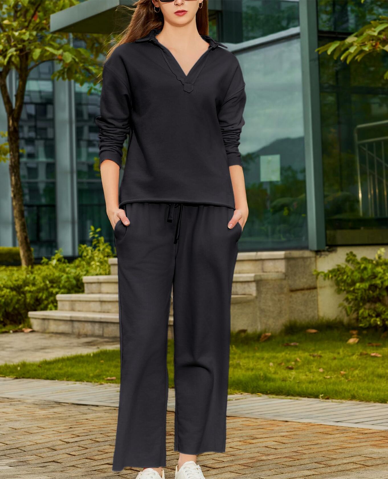 Yioaga Women Tracksuit 2 Piece Set Pullover Sweatshirt Sweatpants Black Size L