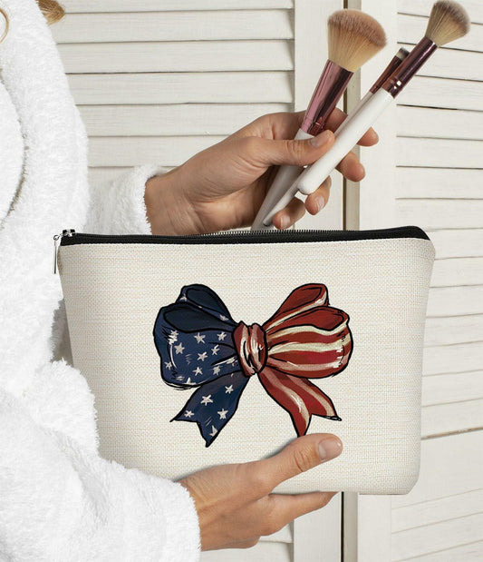 BARPERY 4th of July Coquette Makeup Bag Red White Blue Accessories Bow