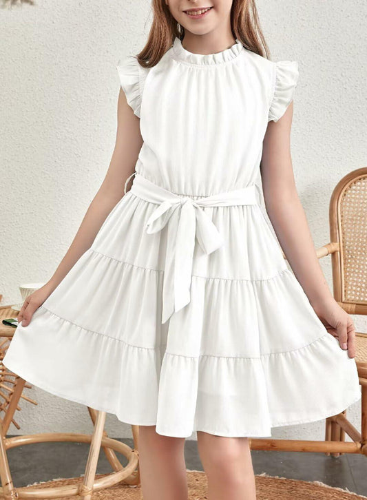 DOKOTOO Girls Ruffle Sleeveless Party Dress with Belt White Size 6-7 Years
