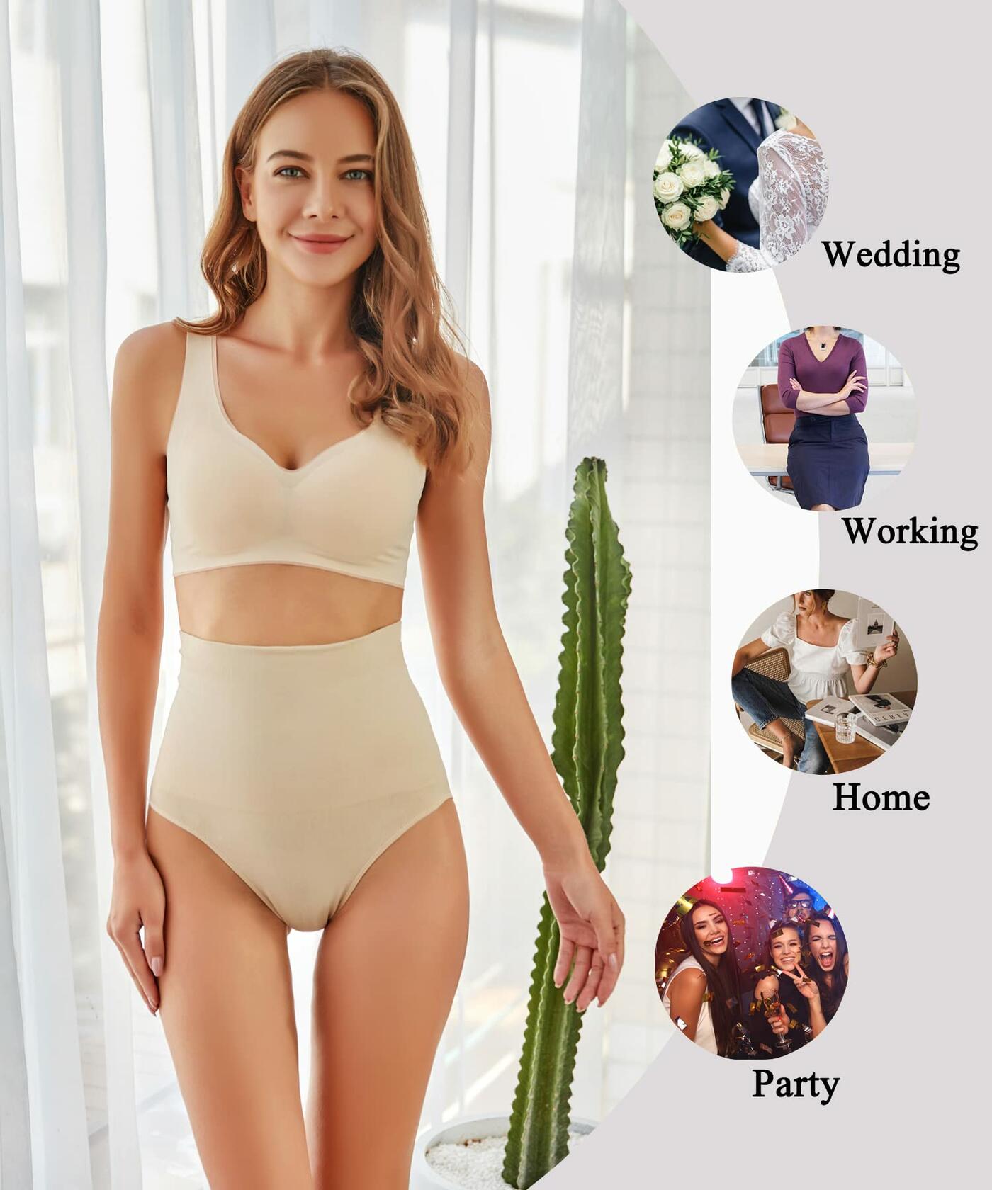 FINETOO Tummy Control High Waisted Shapewear Briefs Plus Size S Nude