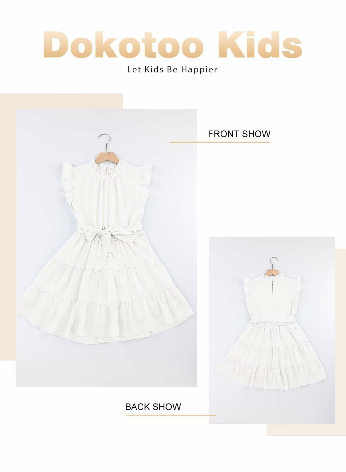 DOKOTOO Girls Ruffle Sleeveless Party Dress with Belt White Size 6-7 Years