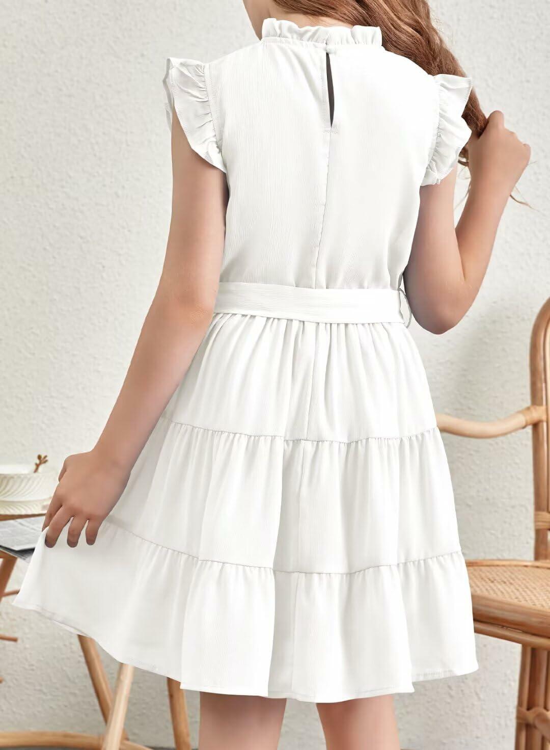 DOKOTOO Girls Ruffle Sleeveless Party Dress with Belt White Size 6-7 Years