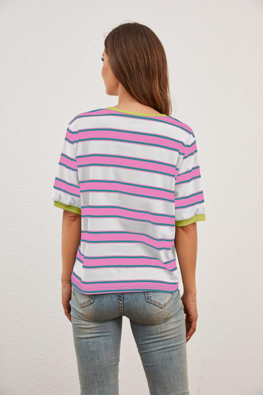 MISSACTIVER Short Sleeve Contrast Striped Tee Shirt Pink Large Size L