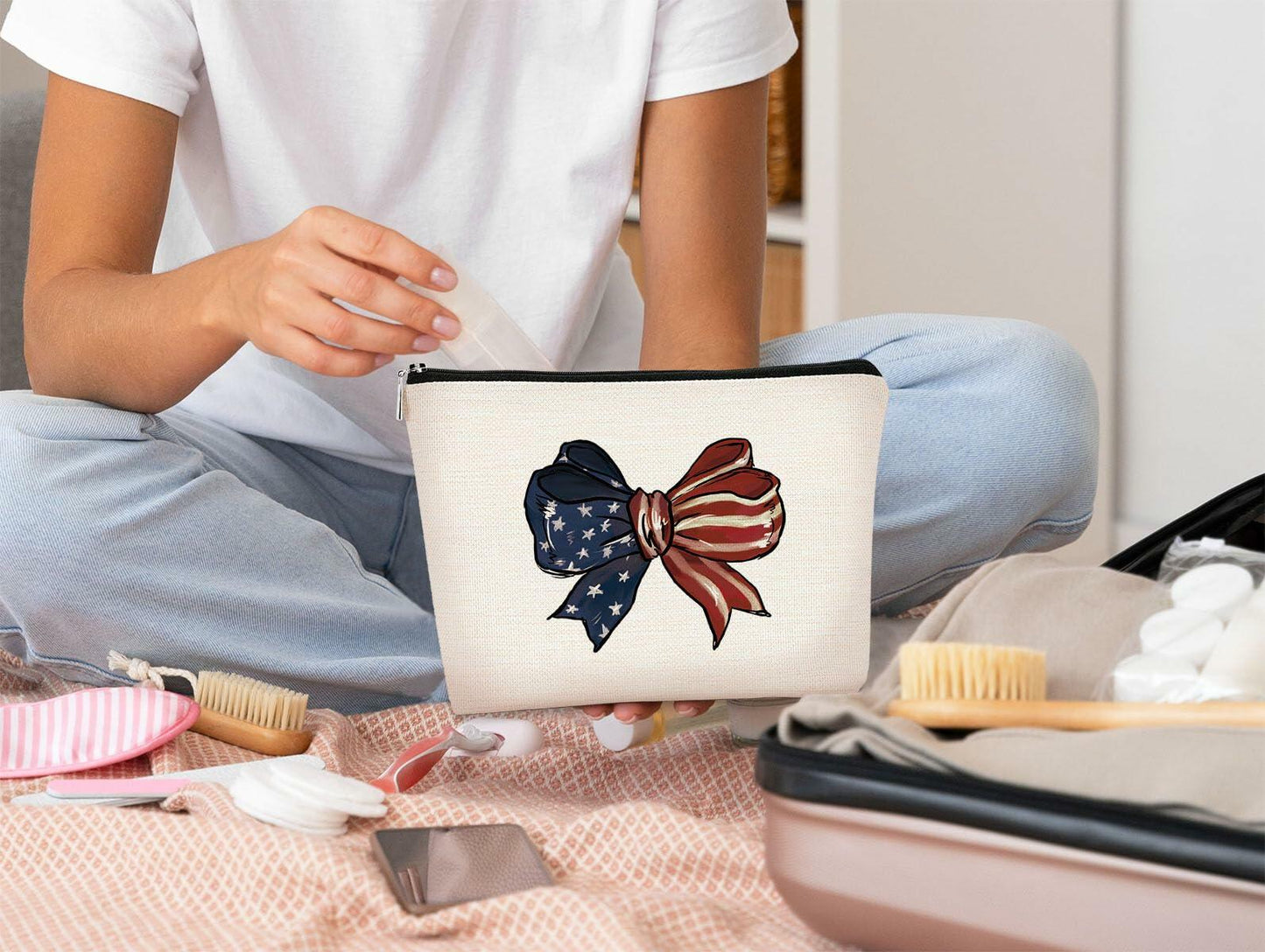 BARPERY 4th of July Coquette Makeup Bag Red White Blue Accessories Bow