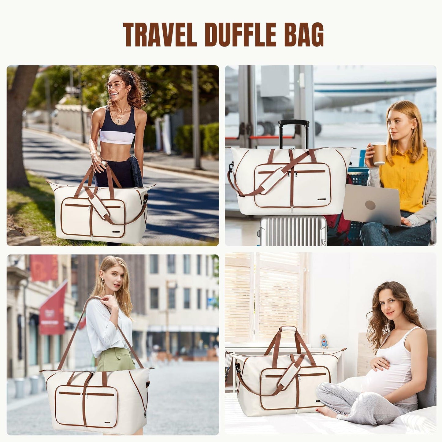 Travel Duffel Bag Women 80L Lightweight Water Resistant Foldable Beige