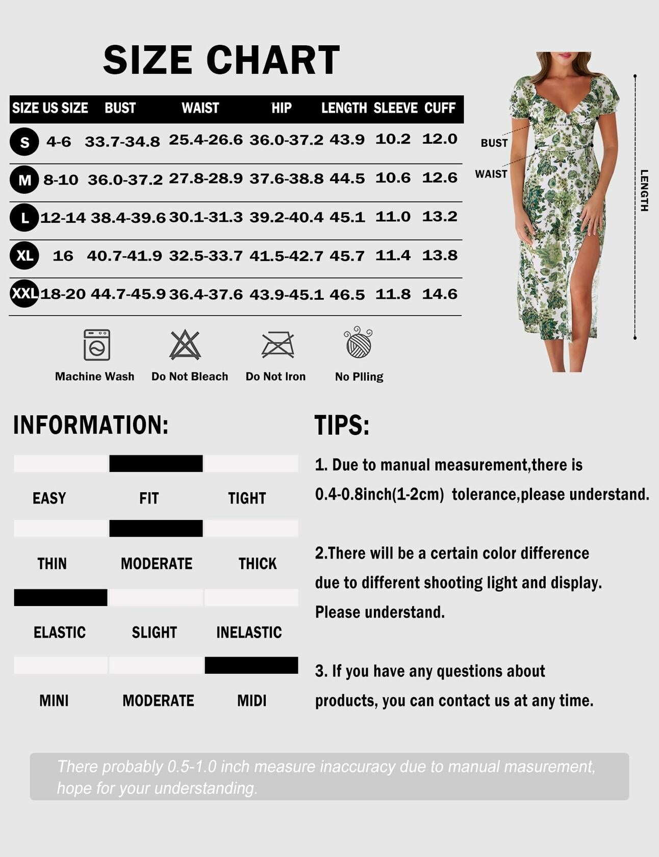 SPRIME Women's Summer Casual V Neck Puff Sleeve Green Flower Midi Dress Size L