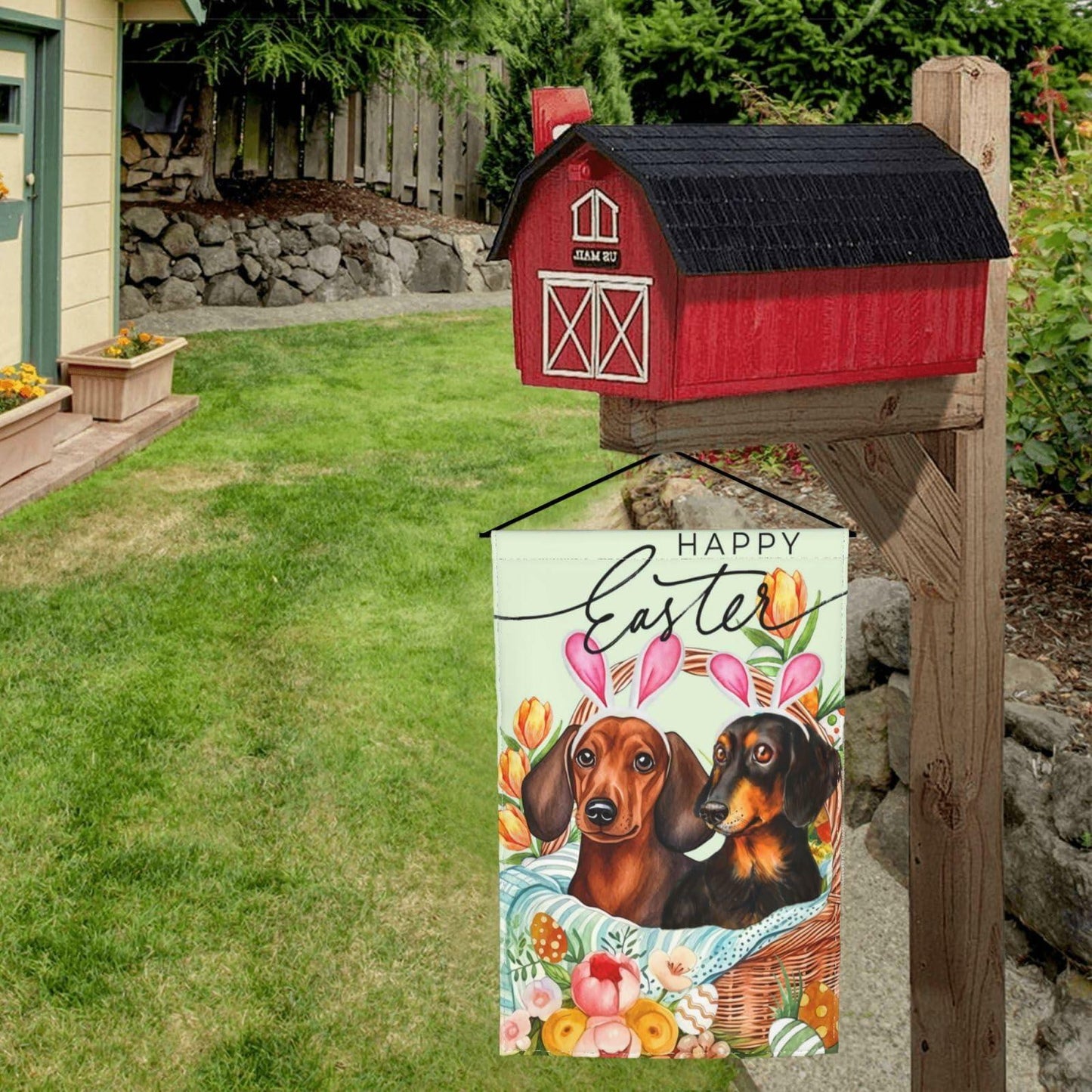 Happy Easter Dachshund Bunny Garden Flag Flower Yard Decor 12x18 Inch