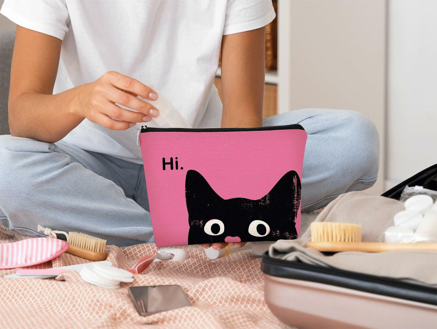 BARPERY Hot Pink Cat Makeup Bag Travel Organizer Cosmetic Bag for Women