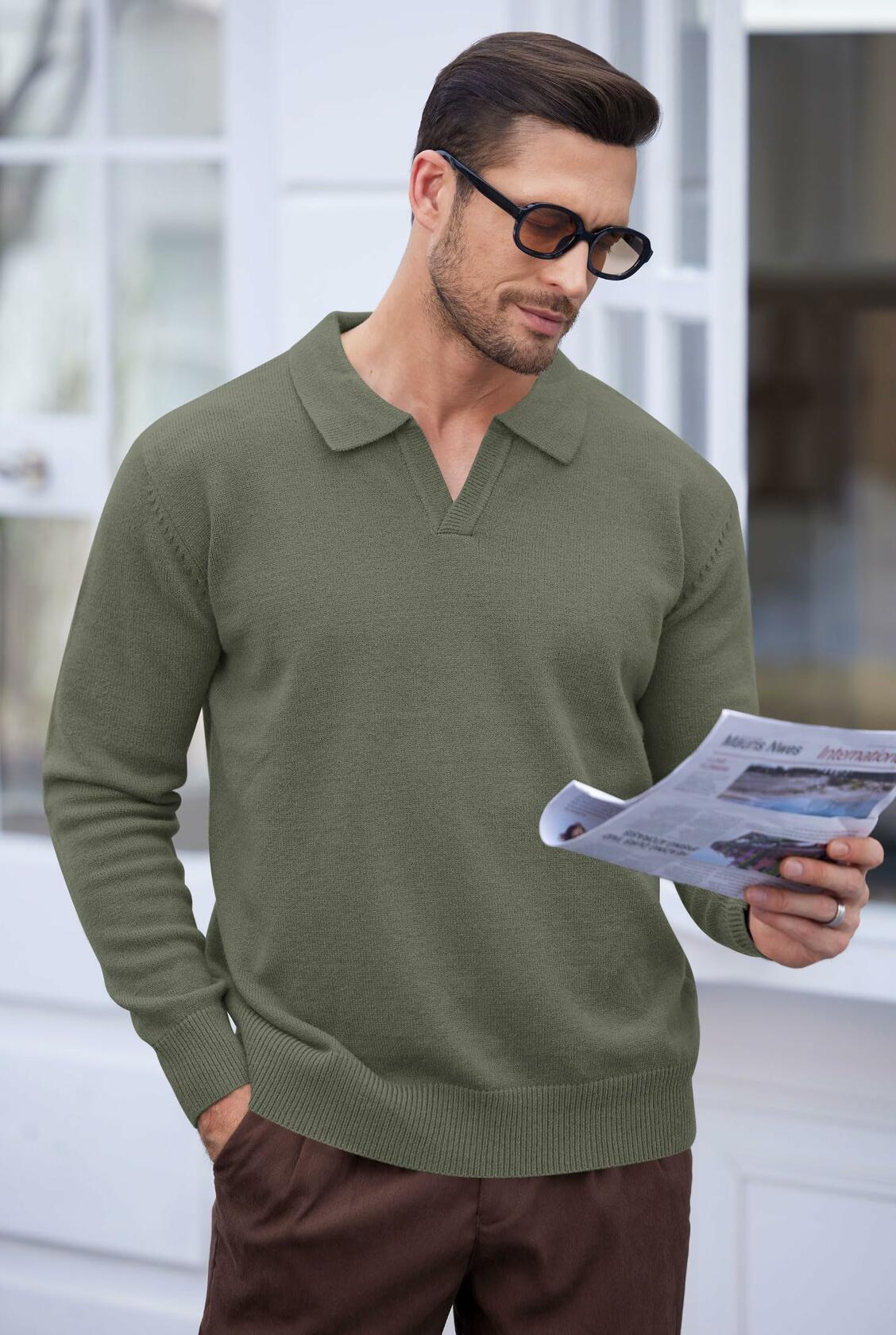 Herberton Men's Polo Sweater Pullover V Neck Long Sleeve Grey Size L