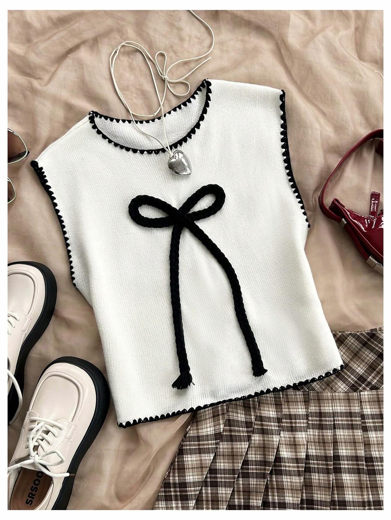 Verdusa Women’s Sleeveless Sweater Vest Bow Knit Tank Top White S