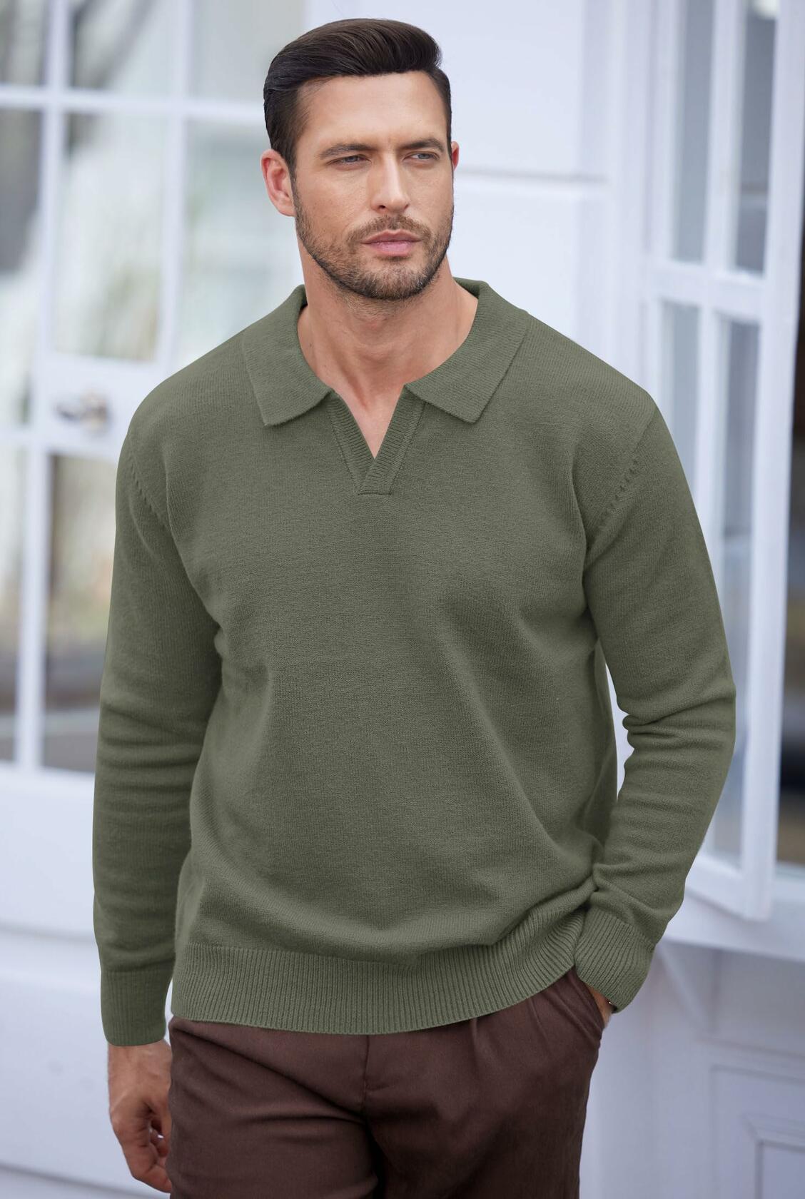 Herberton Men's Polo Sweater Pullover V Neck Long Sleeve Grey Size L