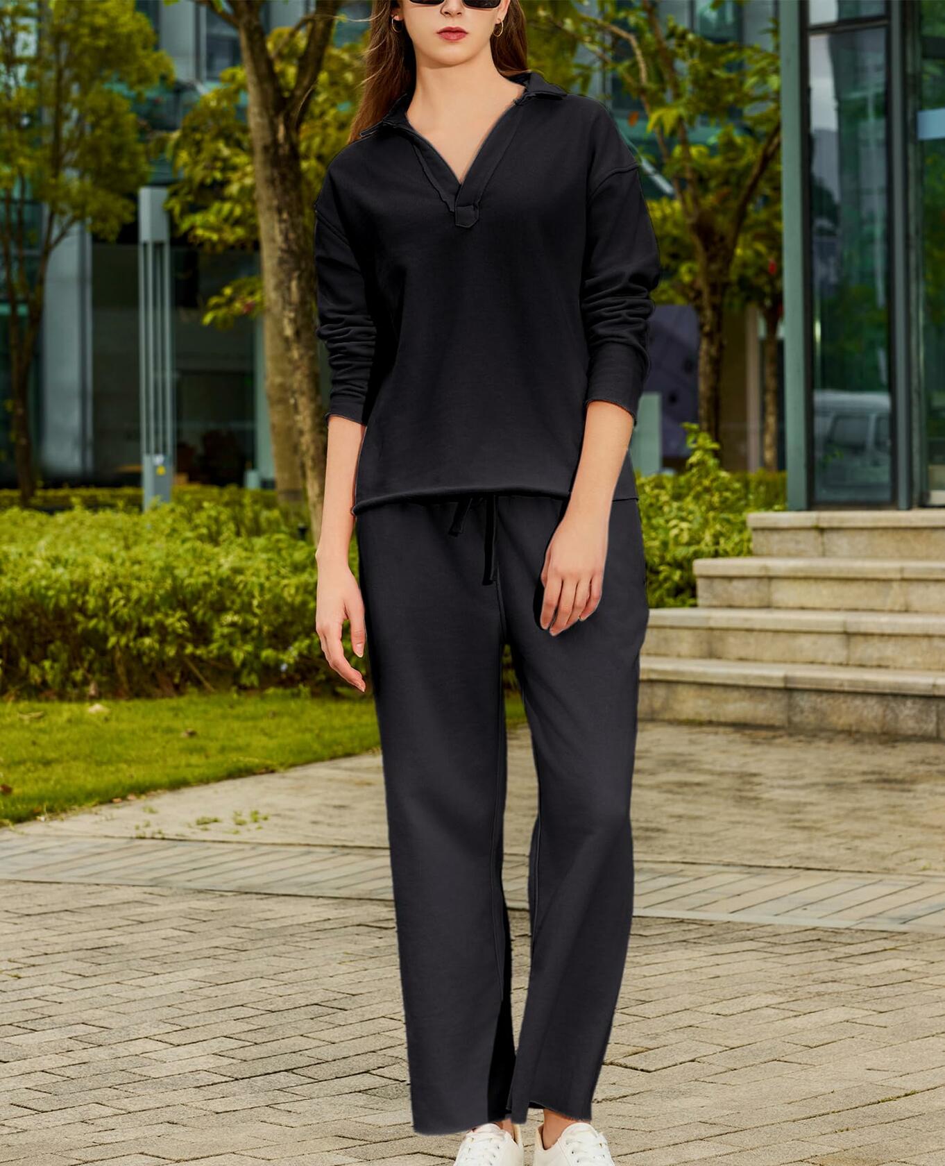 Yioaga Women Tracksuit 2 Piece Set Pullover Sweatshirt Sweatpants Black Size L