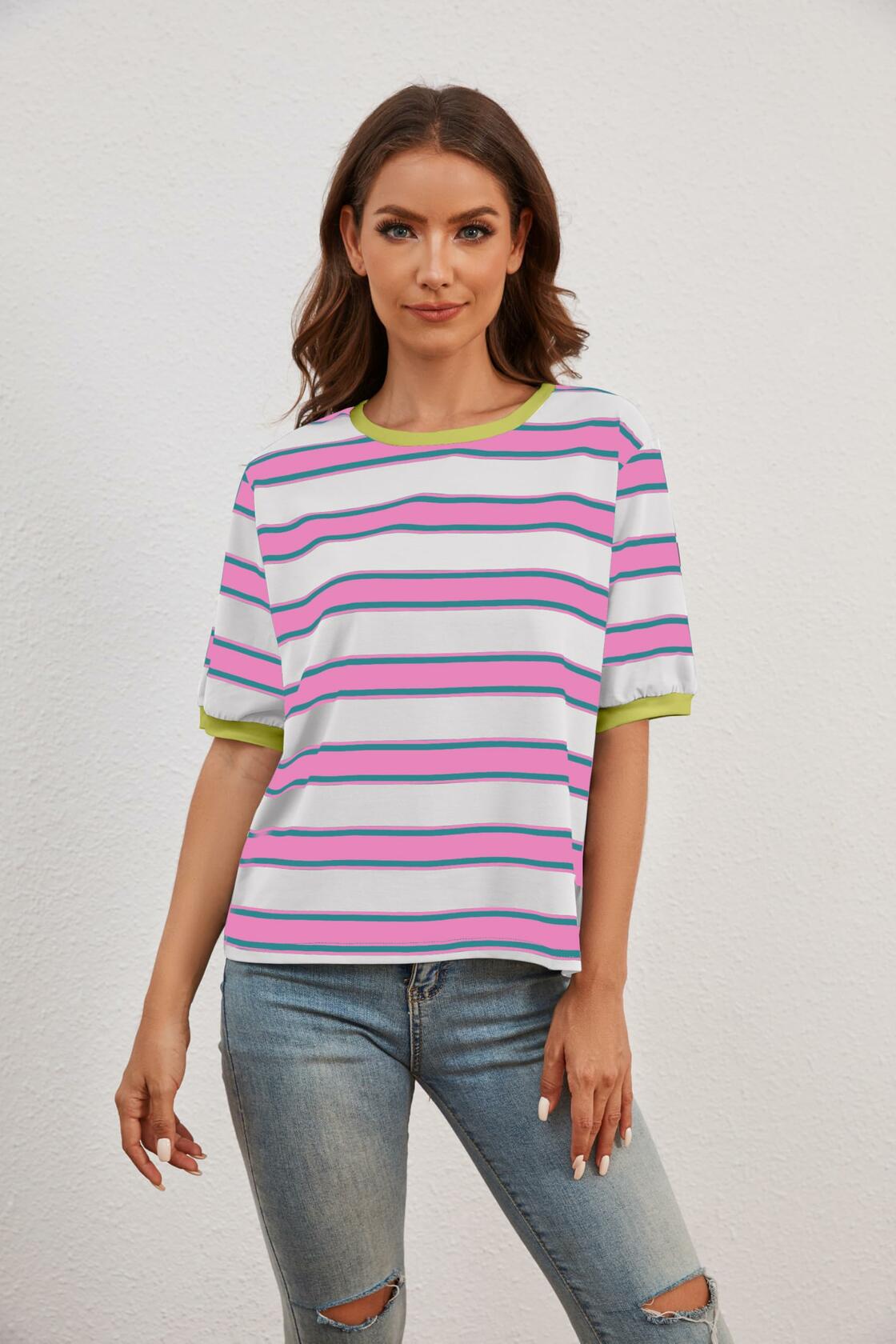 MISSACTIVER Short Sleeve Contrast Striped Tee Shirt Pink Large Size L